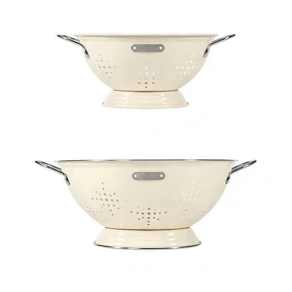 2-Pack Strainer Bowel with Handles, Heavey Duty Kitchen Drainer Basket for Pasta Veggies and Fruits, Cream