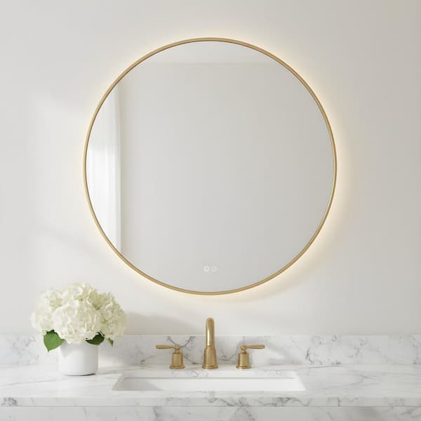 Cadre 36 in. x 36 in. Satin Brass Integrated LED Illuminated Dimmable Vanity Light Mirror