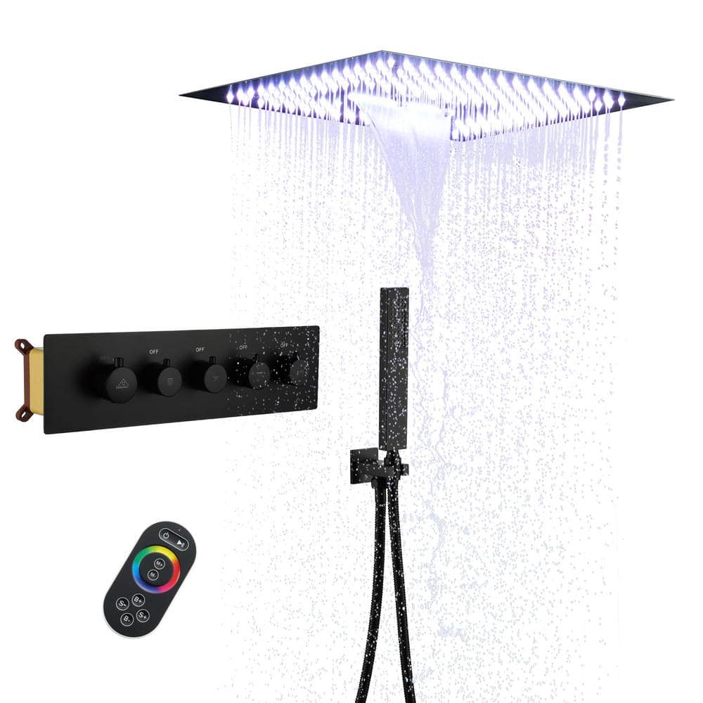Matte Black 16-Inch Dual Square Ceiling Mounted Rain Shower System