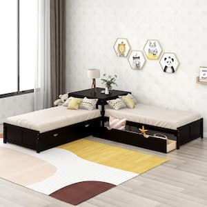 Modern Espresso Twin Size L-shaped Platform Bed with Trundle and Drawers Linked with Built-in Desk