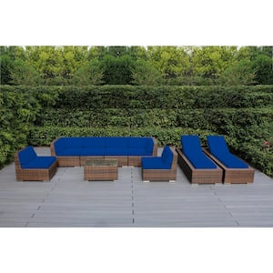 Mixed Brown 9-Piece Wicker Patio Combo Conversation Set with Sunbrella Pacific Blue Cushions