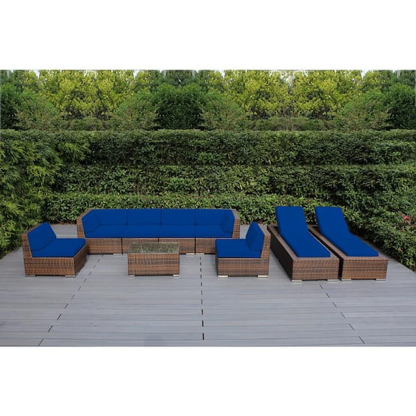 Mixed Brown 9-Piece Wicker Patio Combo Conversation Set with Sunbrella Pacific Blue Cushions