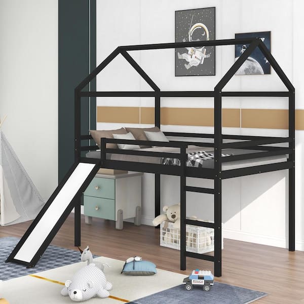 Qualler Espresso Full Size Loft Bed House Bed with Slide