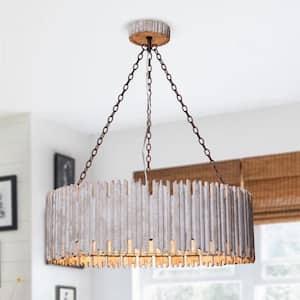 Modern Farmhouse 3-Light Distressed White Wood Drum Chandelier for Kitchen Dining Room