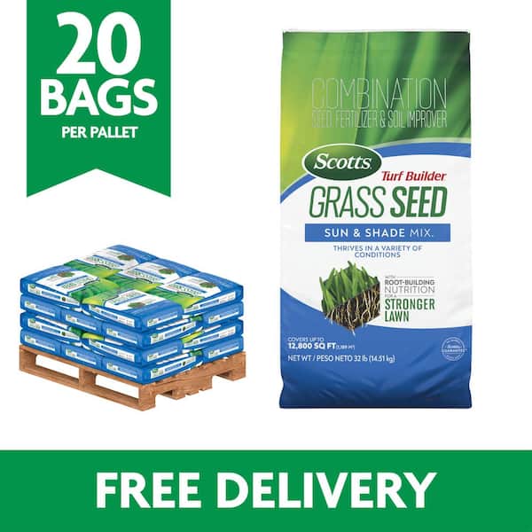 Scotts Turf Builder Grass Seed Sun and Shade Mix Bulk Pallet 32 lbs. With Fertilizer, Soil Improver (Pallet of 20 32-lb. Bags)