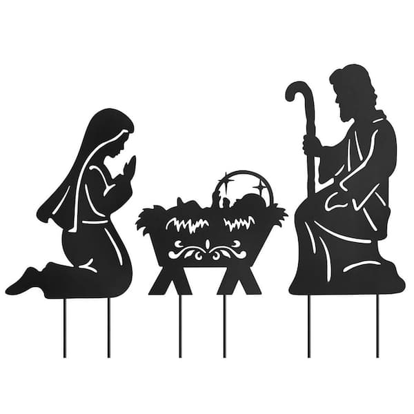 3-Piece Black Metal Nativity Scene Decorative Garden Stakes for Christmas Outdoor Decoration