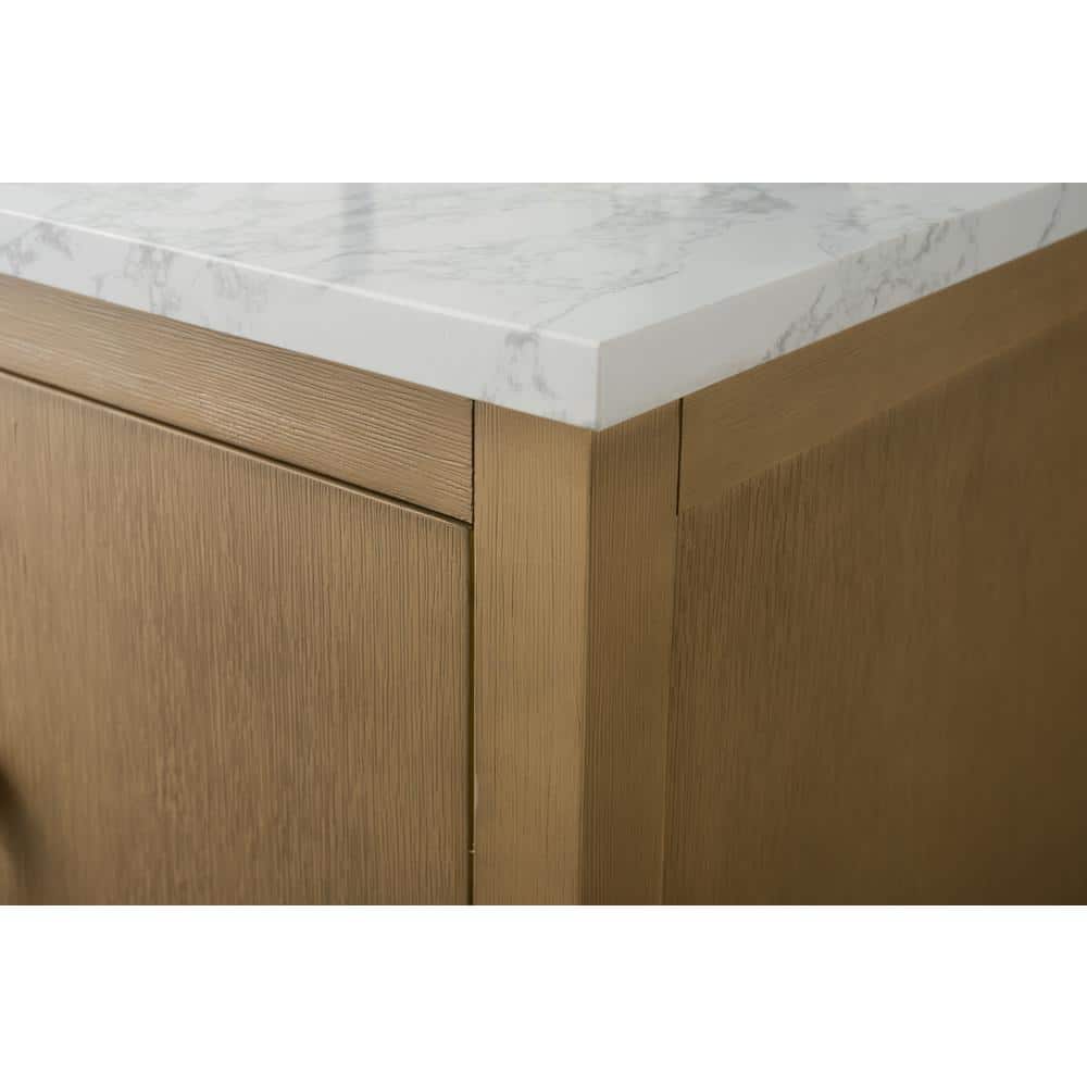 60" Natural Oak Double Sink Freestanding Bathroom Vanity with Engineered Marble Top