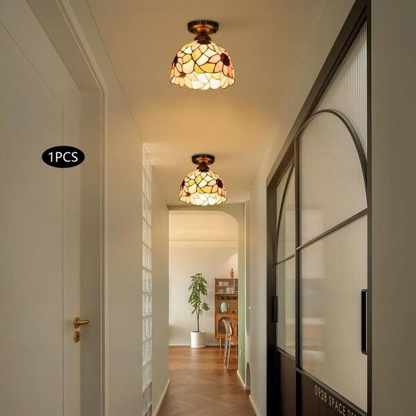 OUKANING 7.87 in. 1-Light Orange Sunflower Retro Semi-Flush Mount