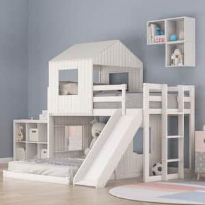 White Wood Frame Twin over Full House Bunk Bed with Slide, Roof and Windows Design