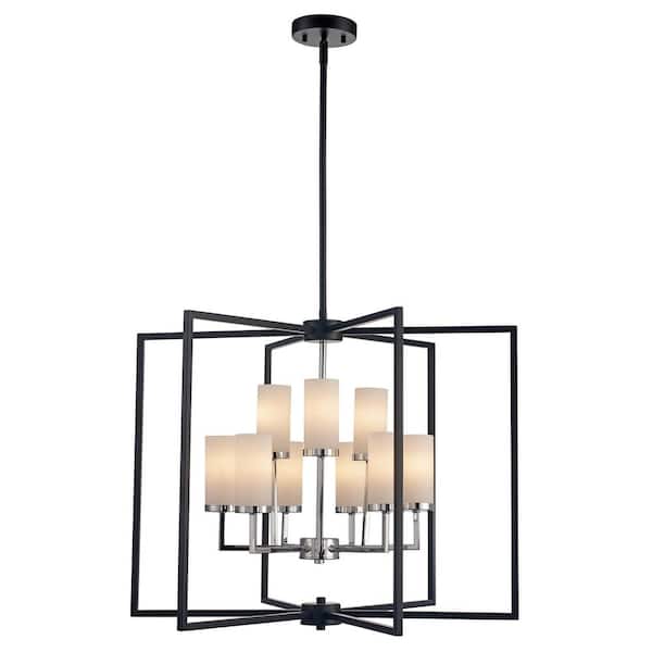 Transformation 9-Light Black and Polished Chrome Chandelier Light Fixture with Frosted Glass Shades and Metal Cage