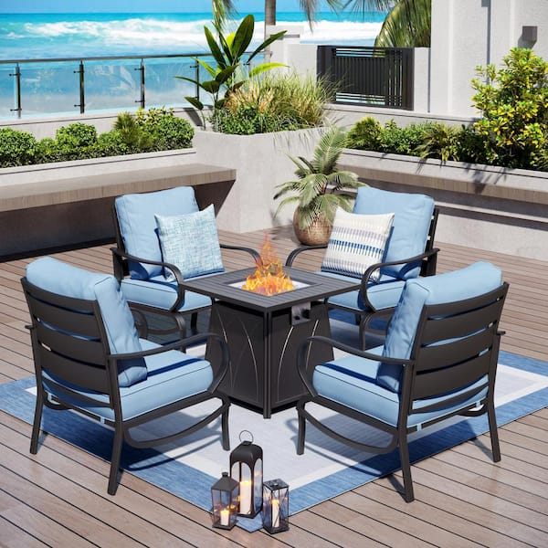 PHI VILLA 4 Seat 5-Piece Metal Outdoor Fire Pit Patio Set with Blue Cushions, Chairs and Square Fire Pit Table