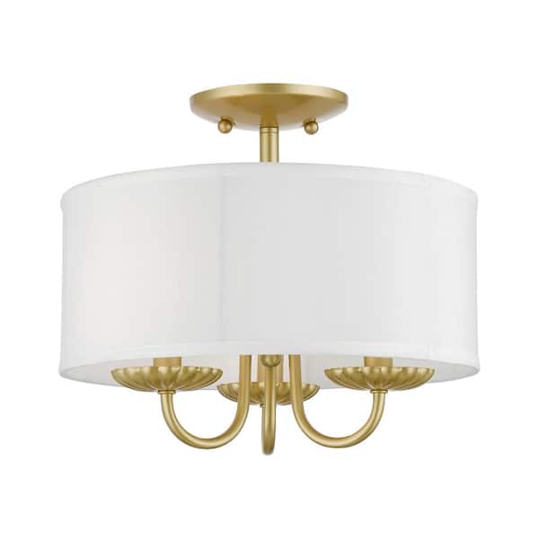 AVIANCE LIGHTING Dunnhaven 13 in. 3-Light Soft Gold Semi Flush Mount with Off-White Fabric Shade