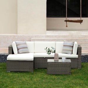 5-Piece Wicker Rattan Outdoor Patio Sectional Sofa with Beige Cushions and Pillows