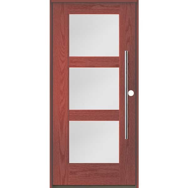 Krosswood Doors Modern Faux Pivot 36 in. x 80 in. 3-Lite Left-Hand/Inswing Satin Glass Redwood Stain Fiberglass Prehung Front Door