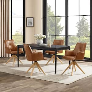 Mid-Century Modern Brown Genuine Leather Swivel Accent Arm Chair with Wood Legs