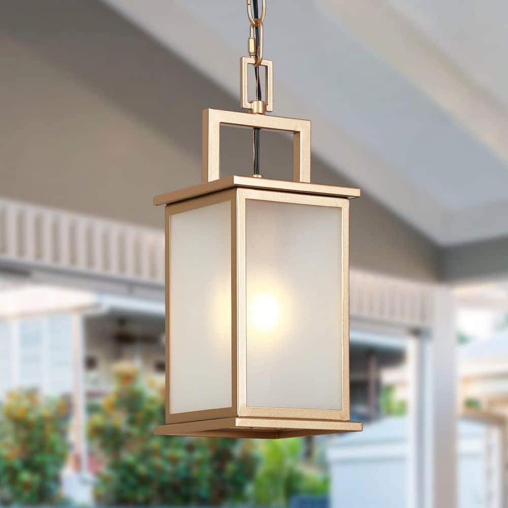 14 in. 1-Light Gold Dimmable Rectangle Outdoor Porch Pendant Light Hanging Entry Lantern with Frosted Glass Shade price history on PriceWatchPro