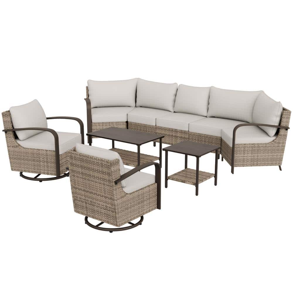 Beige 7-Person Wicker Patio Sectional Sofa Set with Swivel Chairs