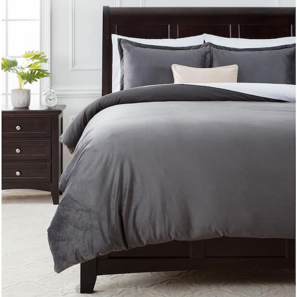 Chanasya Velour Dark Gray Solid Color Velvet Bedding Reversible Microfiber Duvet Cover Set, King