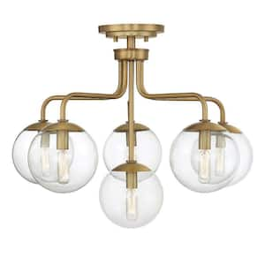 Marco 24 in. W x 18.25 in. H 6-Light Warm Brass Semi-Flush Mount with Clear Glass Globe Shades