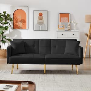 Black Tufted Velvet Futon Sofa Bed with 2-cup holders
