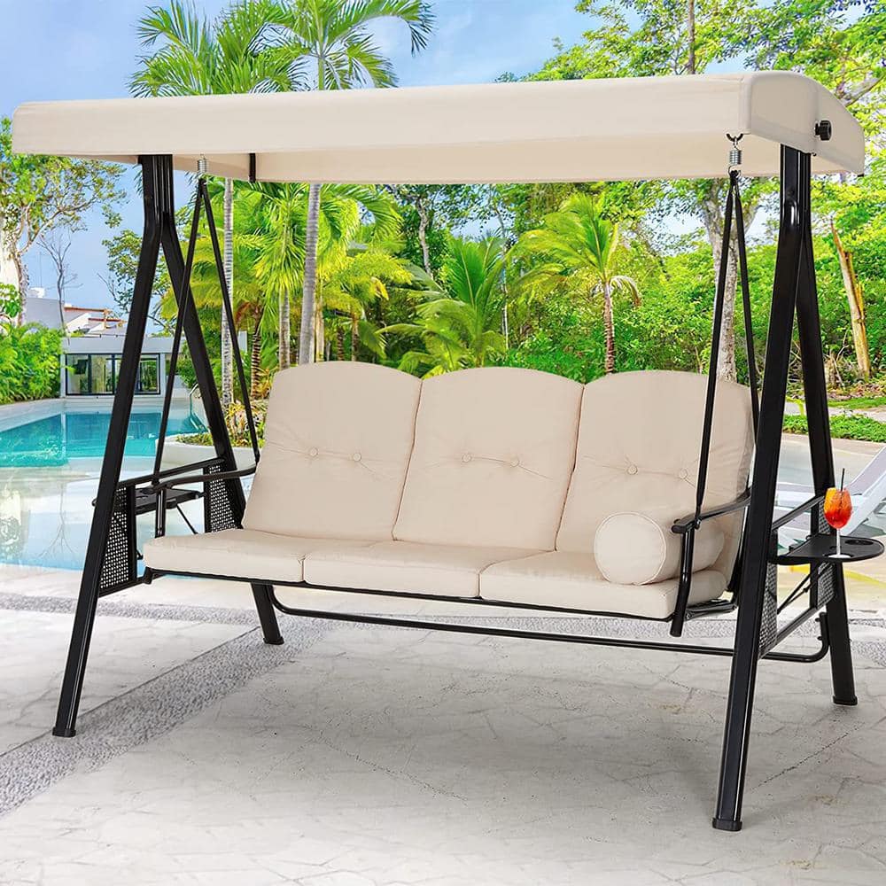Beige Steel Frame 3-Person Patio Swing with Canopy and Cushions