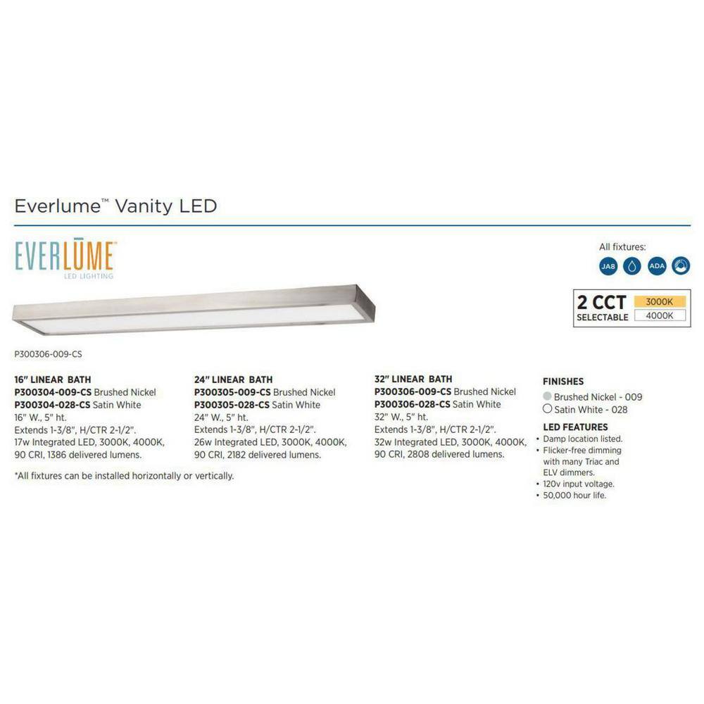 Everlume 24-Inch Brushed Nickel LED Bath Vanity Light with Frosted Glass