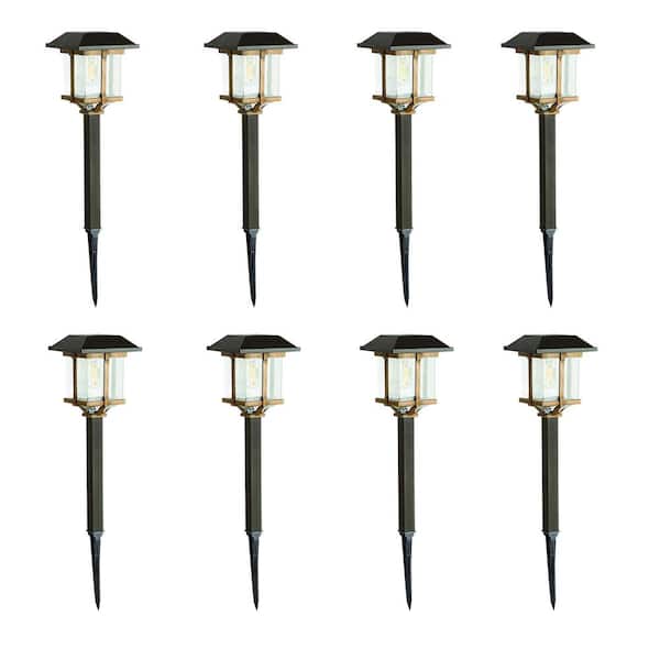 Hampton Bay 10 Lumens 2-Tone Solar Bronze and Warm Wood LED Landscape Pathway Light Set (8-Pack)