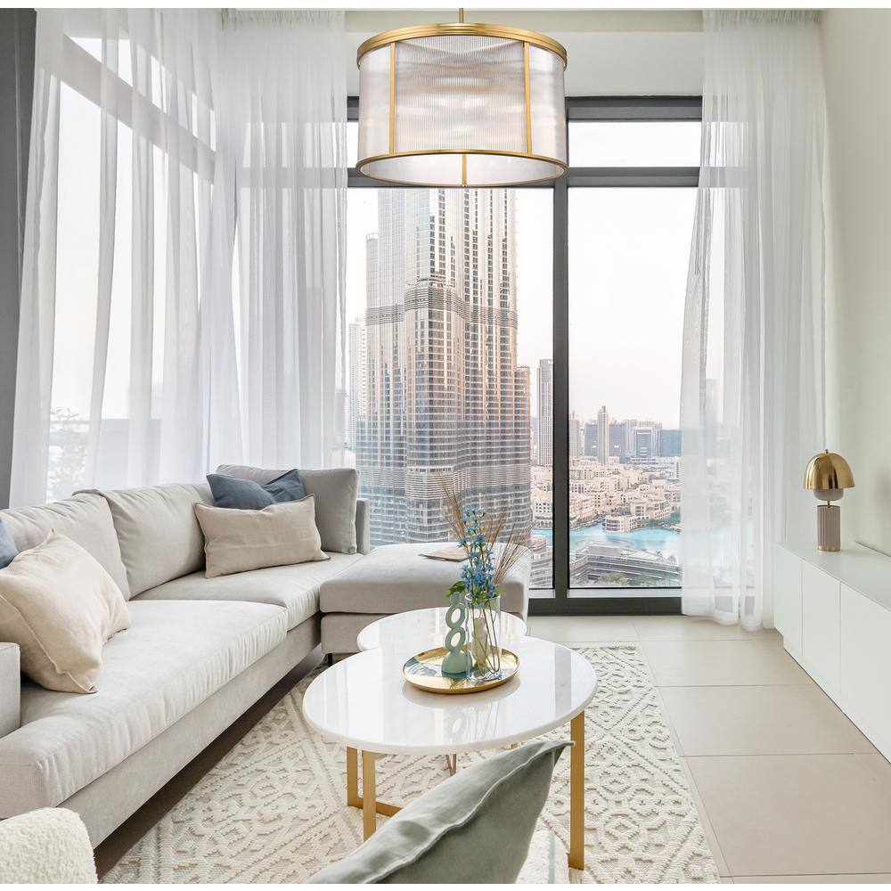 Modern Gold 9-Light Drum Chandelier with Ribbed Glass