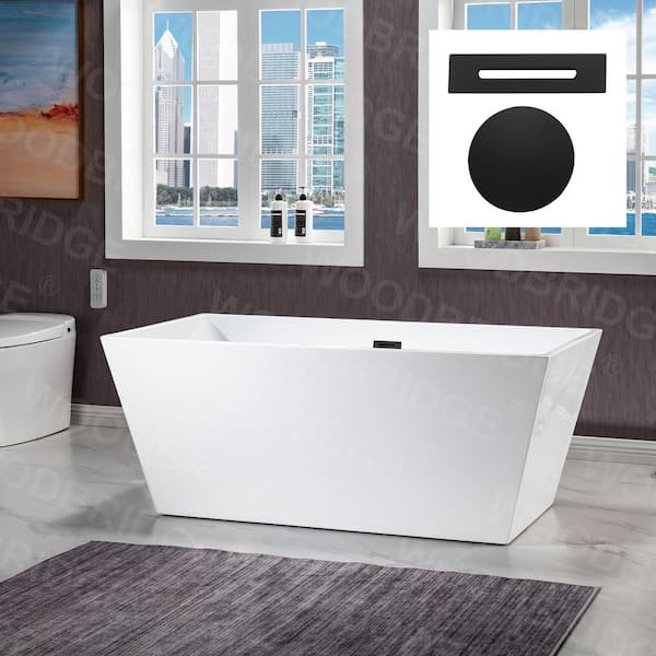 WOODBRIDGE Valence 59 in. Acrylic Flatbottom Rectange Bathtub with Matte Black Overflow and Drain Included in White