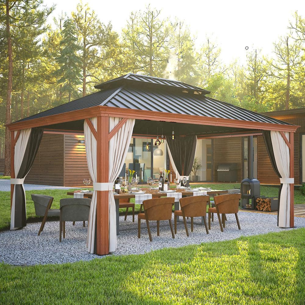 EAGLE PEAK 12 ft. x 16 ft. Wood Look Aluminum Frame Hardtop Gazebo with ...