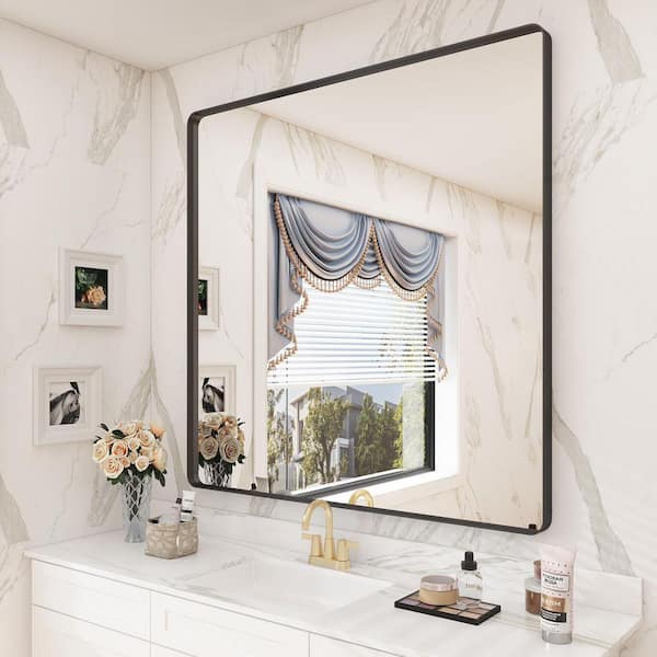 36 in. W x 36 in. H Square Aluminum Alloy Frame with Inner Deep Design and Tempered Glass Wall Mirror in Matte Black