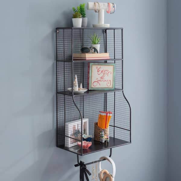 Linon Home Decor Wally Distressed Metal Wall Storage Cage with Three Shelves
