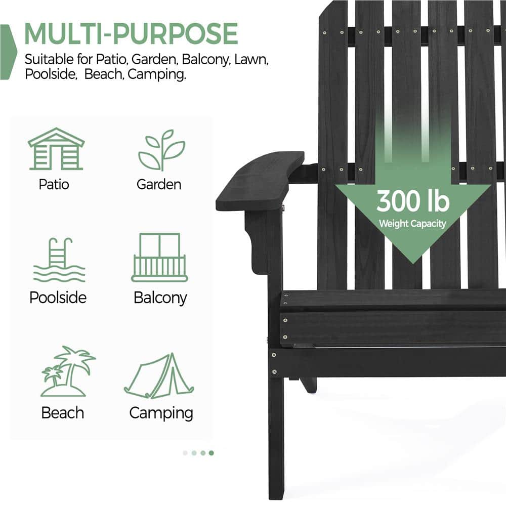 Black Solid Wood Folding Adirondack Chair with Arms