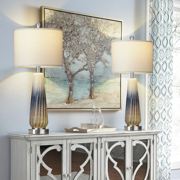 28 in. Blue Glass Table Lamp Set with USB and Type C Charging Ports and White Lampshape
