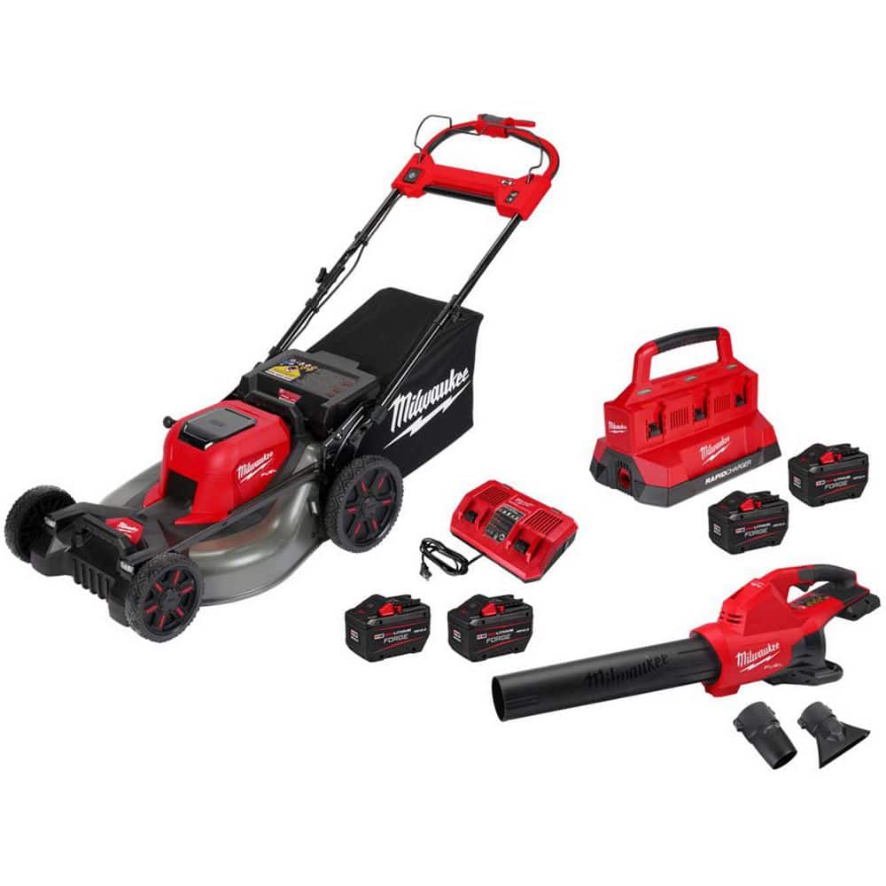 MILWAUKEE M18 FUEL Brushless Cordless 21 in. Walk Behind Dual Battery Self-Propelled Mower w/ Blower, (4) Battery, (2) Charger (2823F-2824)