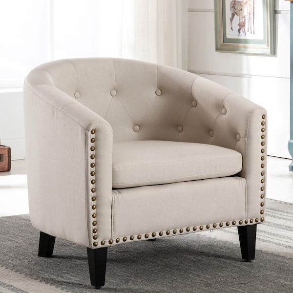 Qualler Tan Linen Fabric Tufted Barrel Chair Arm Chair with Nailheads