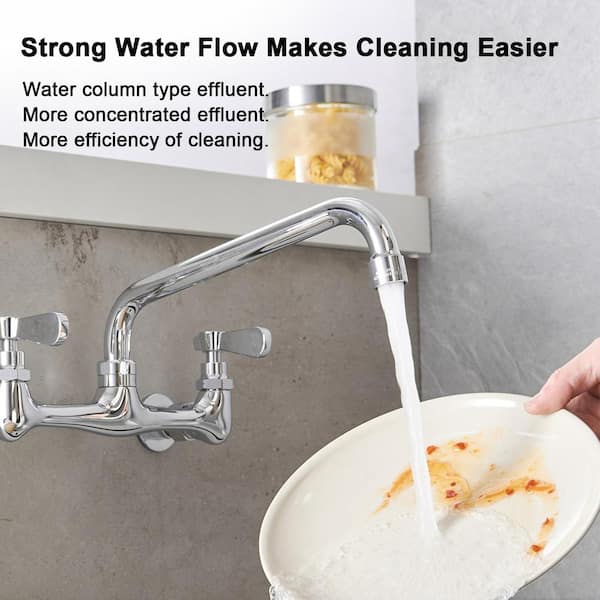 2-Handle Wall Mount Kitchen Faucet With 10 Inch Swivel Spout 8" Center In Polished Chrome