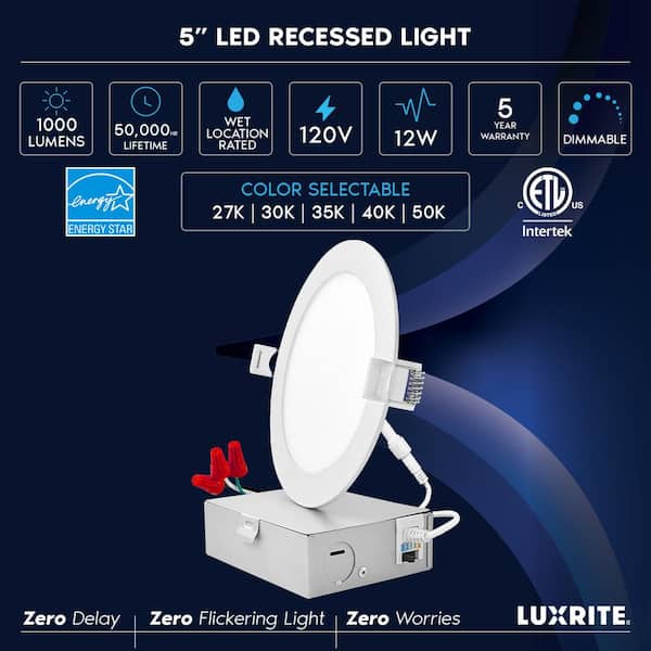 5 in. Ultra Thin Canless Integrated LED Recessed Light w/J-Box New Construction 12W 5CCT Dimmable 1000-Lumens (16-Pack)