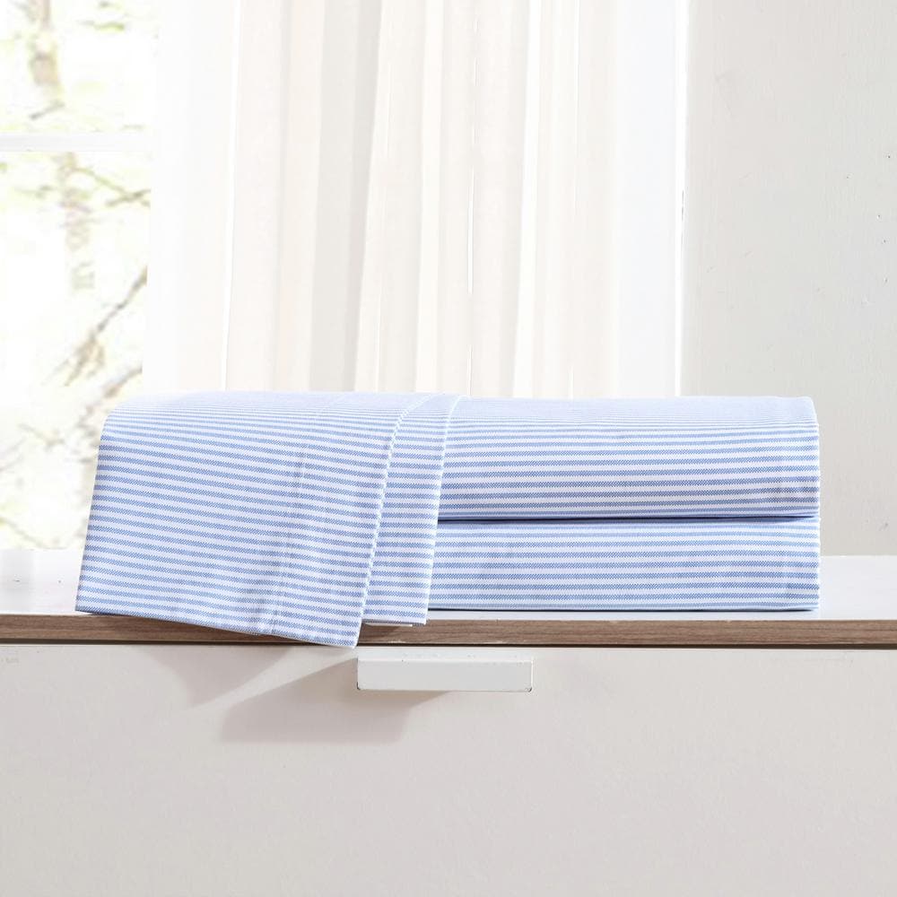 Twin Blue Cotton Percale Stripe Sheet Set