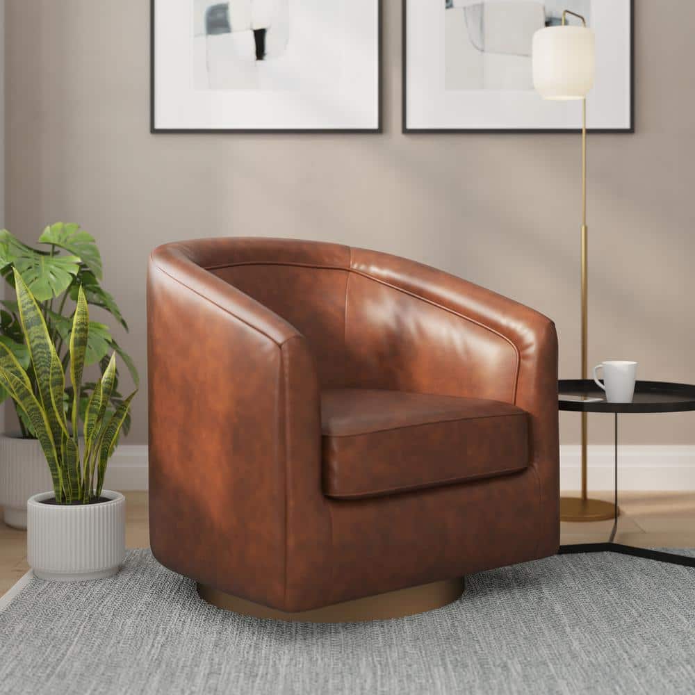 Brown Faux Leather Swivel Barrel Chair with Wood Base