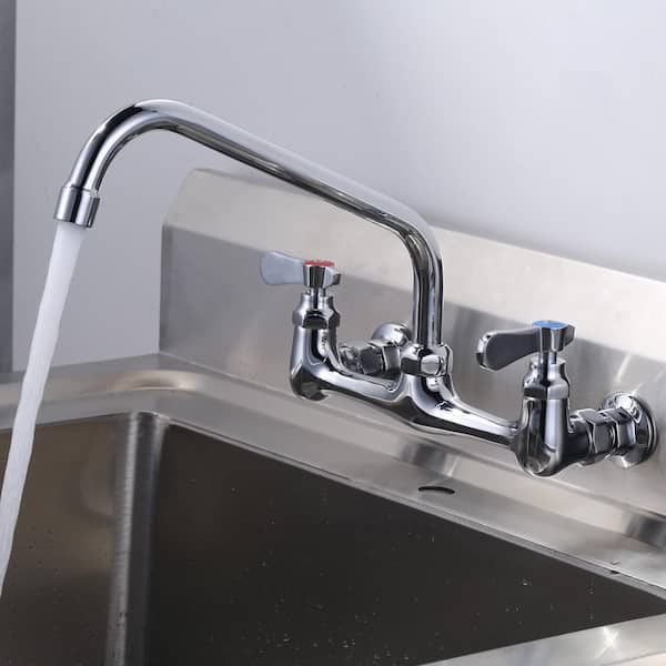 Commercial Double Handle Wall Mounted Standard Kitchen Faucet with 10 in . Swivel Spout in Polished Chrome
