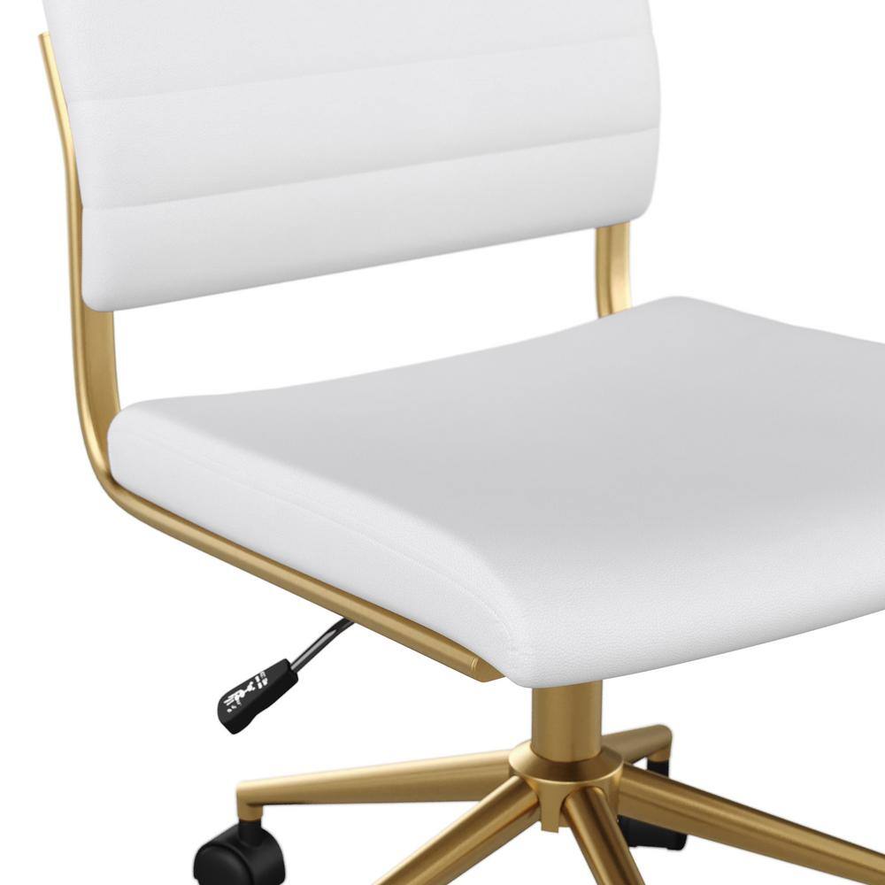 White Faux Leather Armless Swivel Office Chair with Brass Frame