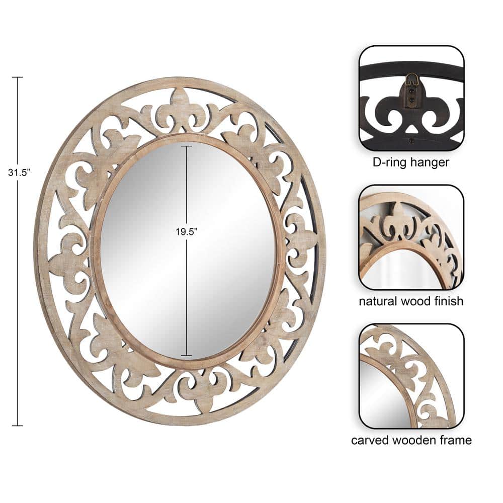 Shovali 32" Natural Wood Carved Round Vanity Mirror