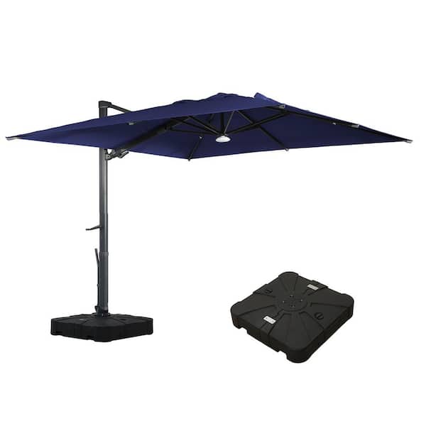 Mondawe 10 ft. Square Aluminum Cantilever Outdoor Tilt Patio Umbrella in Navy Blue with Bluetooth LED Light Base Weight Stand