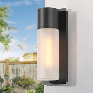 13 in. 1-Light Black Outdoor Wall Lantern Sconce, Mid-Century Modern Outdoor Wall Light with Frosted Glass Shade