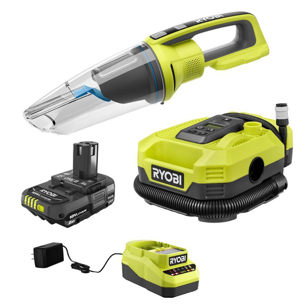 RYOBI ONE+ 18V Dual Function Inflator Kit with 2.0 Ah Battery, Charger, and Wet/Dry Hand Vacuum (PCL031K1PCL702)