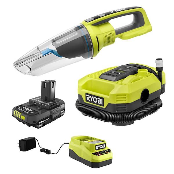 RYOBI ONE+ 18V Dual Function Inflator Kit with 2.0 Ah Battery, Charger, and Wet/Dry Hand Vacuum