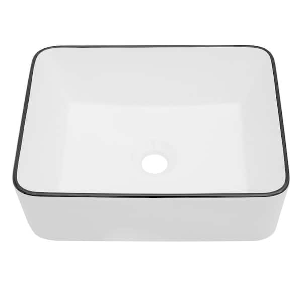LORDEAR 16 in. W x 12 in. D x 5 in. H Bathroom Rectangular Ceramic Vessel Sink Single Bowl with Black Trim in White