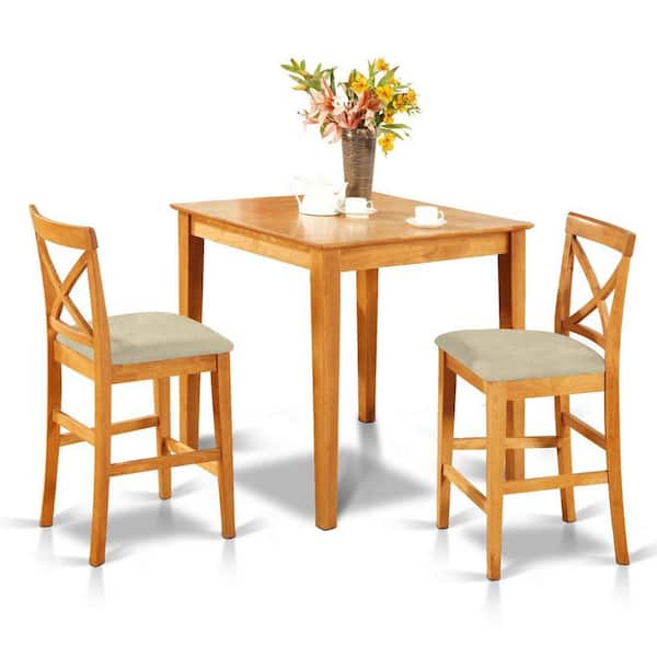 East West Furniture 3-Piece Natural Brown Oak Finish Solid Wood Top Counter Height Dining Table Set