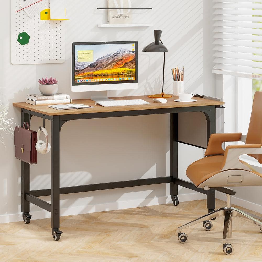 Modern Dark Brown Particleboard Rolling Computer Desk with Metal Frame